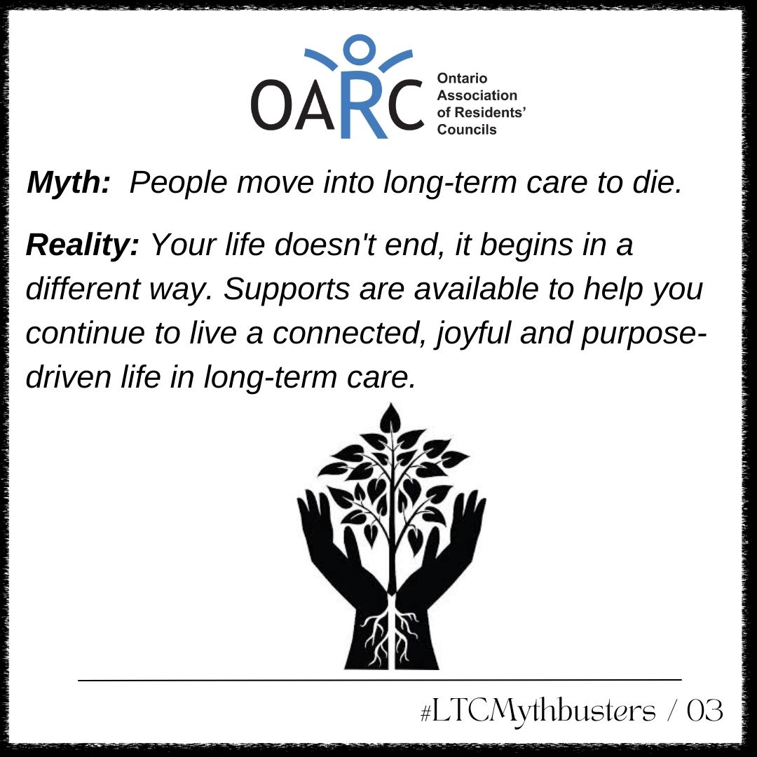 Residents want you to know that they didn't move into #longtermcare to die.
Your life doesn't end, it begins in a different way.

Follow along on our #LTCMythbusting journey as #ResidentLeaders help to bust myths rooted in common misconceptions and beliefs about #longtermcare.