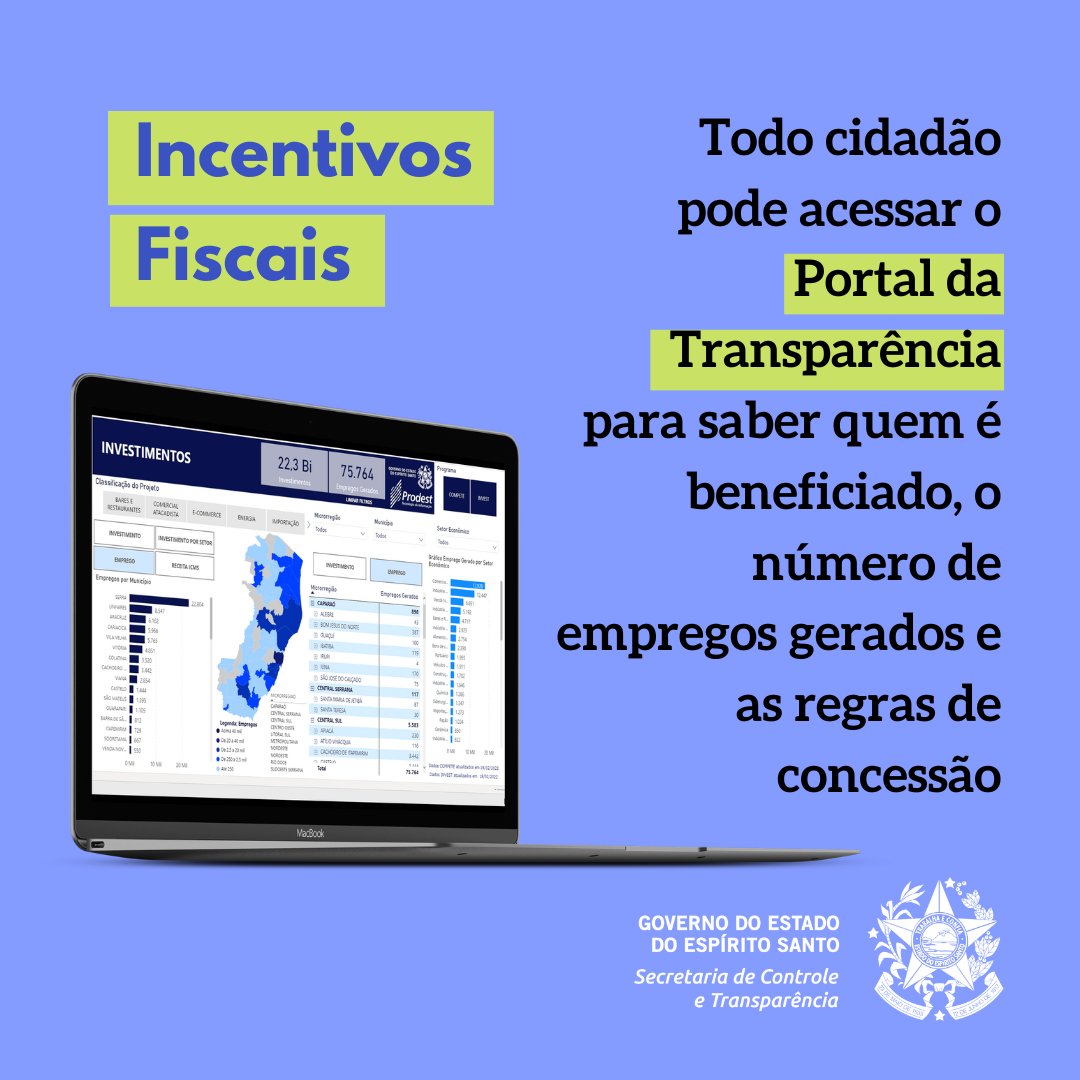 SecontES's tweet photo. ➡️As informações sobre a concessão de incentivos fiscais no Estado ganharam mais transparência com o Painel Interativo “Transparência e Governança dos Incentivos Tributários”

🌐Acesse o Portal da Transparência para conhecer a ferramenta: https://t.co/eTrPRBeCsQ https://t.co/I2BPg2XZyc