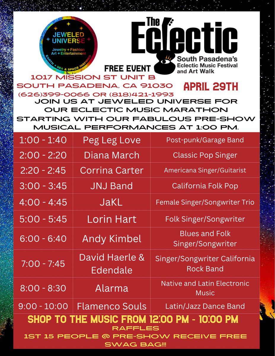 My band Edendale and I are thrilled to be performing at Jeweled Universe, April 29 at 7 PM, as part of South Pasadena’s The Eclectic (festival).  See poster for details and for the entire lineup of great artists and performers at Jeweled Universe.