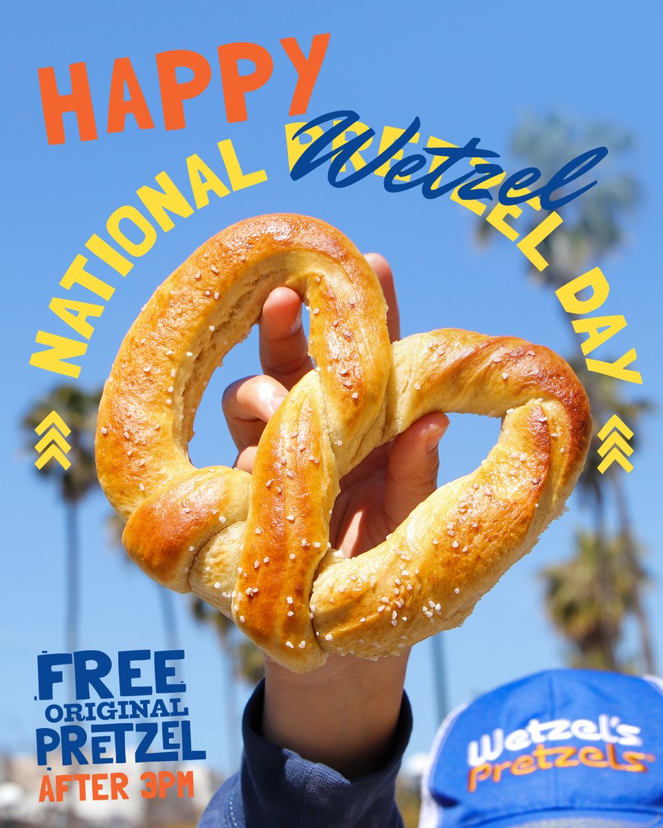 wetzelspretzels's tweet photo. 🥨Happy National Wetzel Day🥨
#WetzGo get your pretzel adventure on. Free OG Pretzel anytime after 3pm.
Tag us in your adventures today for a chance to win our #WetzGo Giveaway. Details on our TikTok https://t.co/3sV6DGa1TA