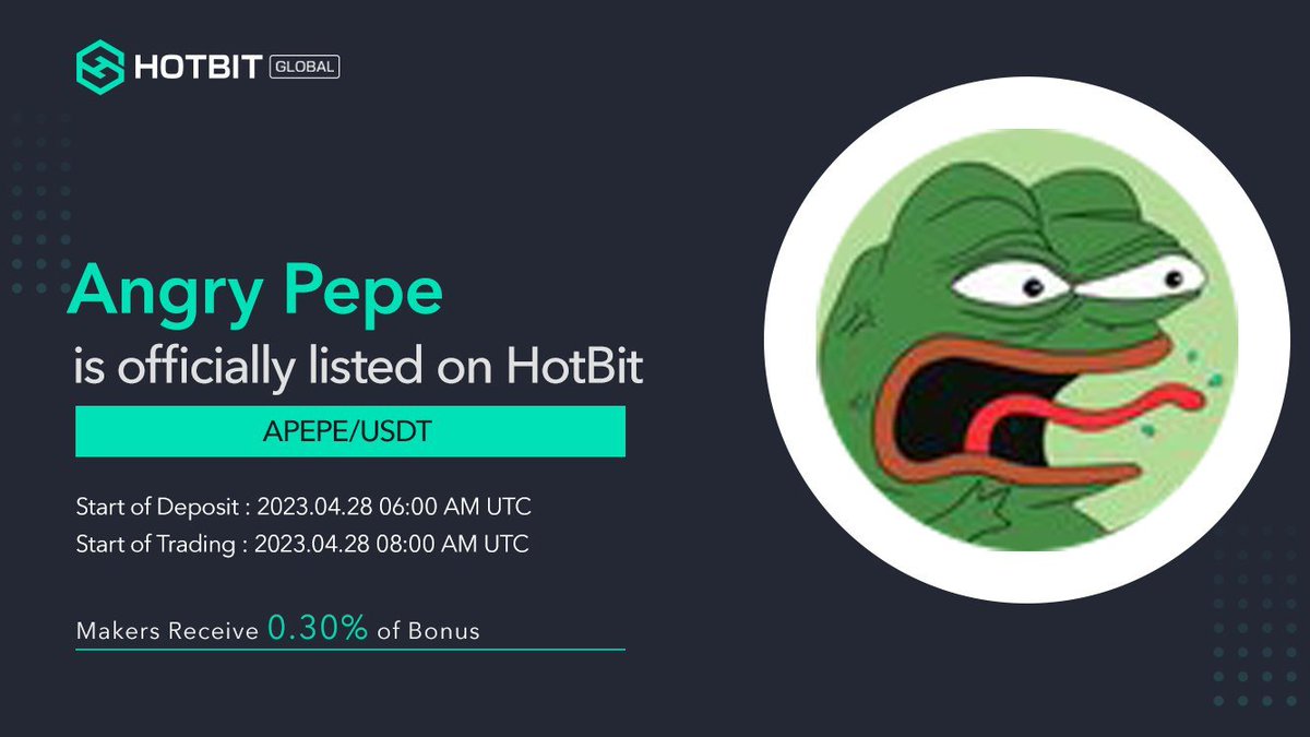 HotbitRussia's tweet photo. 📢2023 #newlistings на https://t.co/mUPlRwu6NB
$APEPE @AngryPepeETH
 будут перечислены на #HOTBIT

Депозит открывается в: 28.04.2023 06:00 UTC
Торги открываются в: 28.04.2023 08:00 UTC

                            -- APEPE/USDT --

Добро пожаловать в торговлю! https://t.co/MmNXtvwHGq