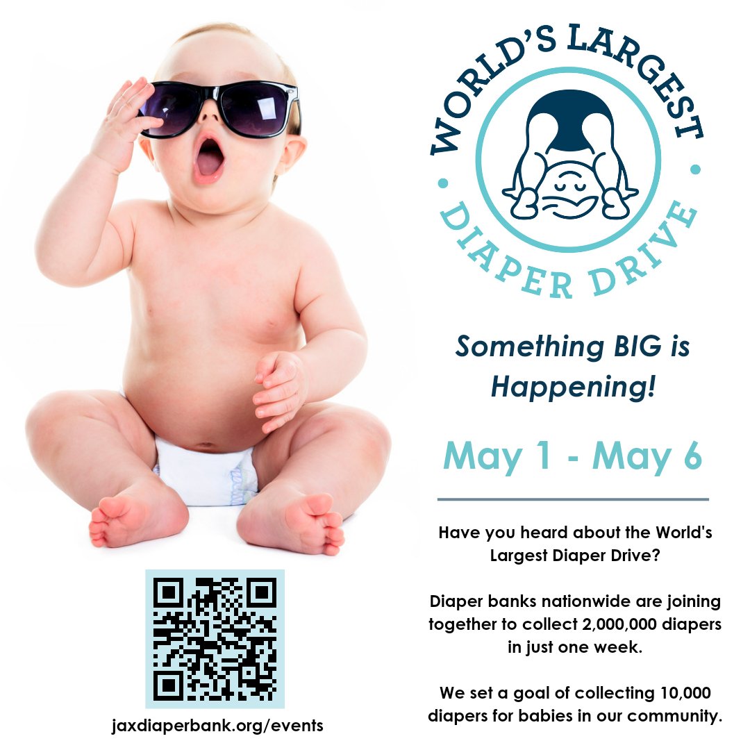 jaxdiaperbank's tweet photo. We're joining diaper banks nationwide for the World's Largest Diaper Drive from May 1 through May 6. This nationwide initiative to collect 2,000,000 million diapers is led by Bottoms Up Diaper Bank in Columbus, Ohio. 

Our goal is to collect 10,000 diapers for local babies. https://t.co/OxKiBaxrTf
