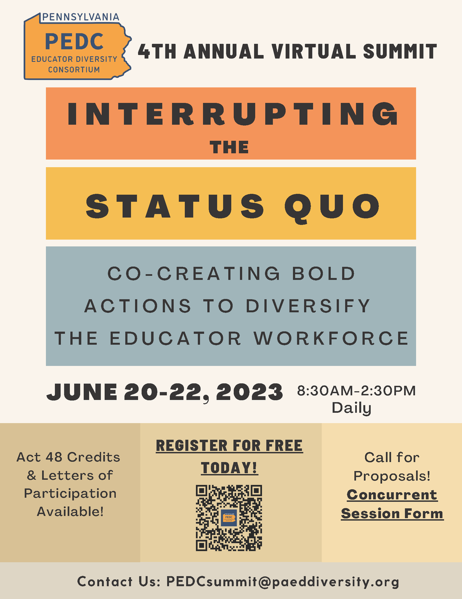 PAEdDiversity's tweet photo. The 4th annual virtual PECD Summit will take place for three days, starting Tuesday, June 20. #Educators and #advocates across the #PA and beyond are invited to Interrupt the Status Quo. 

Register now for free! https://t.co/an8HnbnyZv

#2023PEDCSummit #Interupt #DiverseEducators https://t.co/FTtUFpU9mk