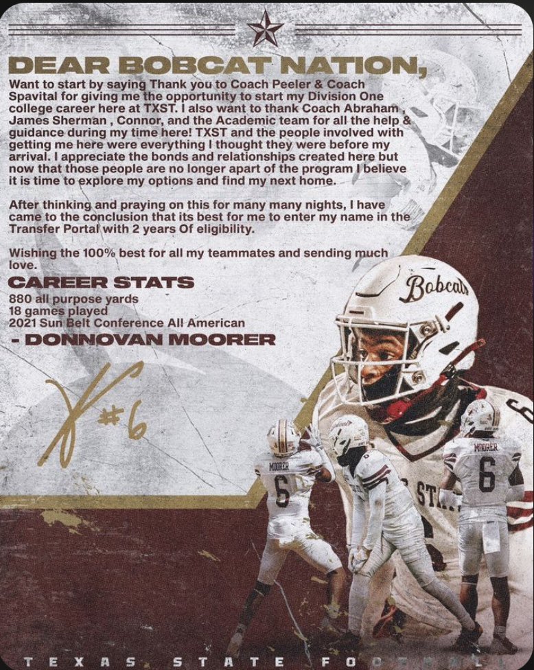 Also Want to Thank Coach GJ, Coach Stutz, &amp; Current staff here at Texas State For showing respects &amp; being cooperative during this process. Wish the best To them and The team going forward in their journey

Im Now officially In The Transfer Portal with 2 Years of Eligibility.