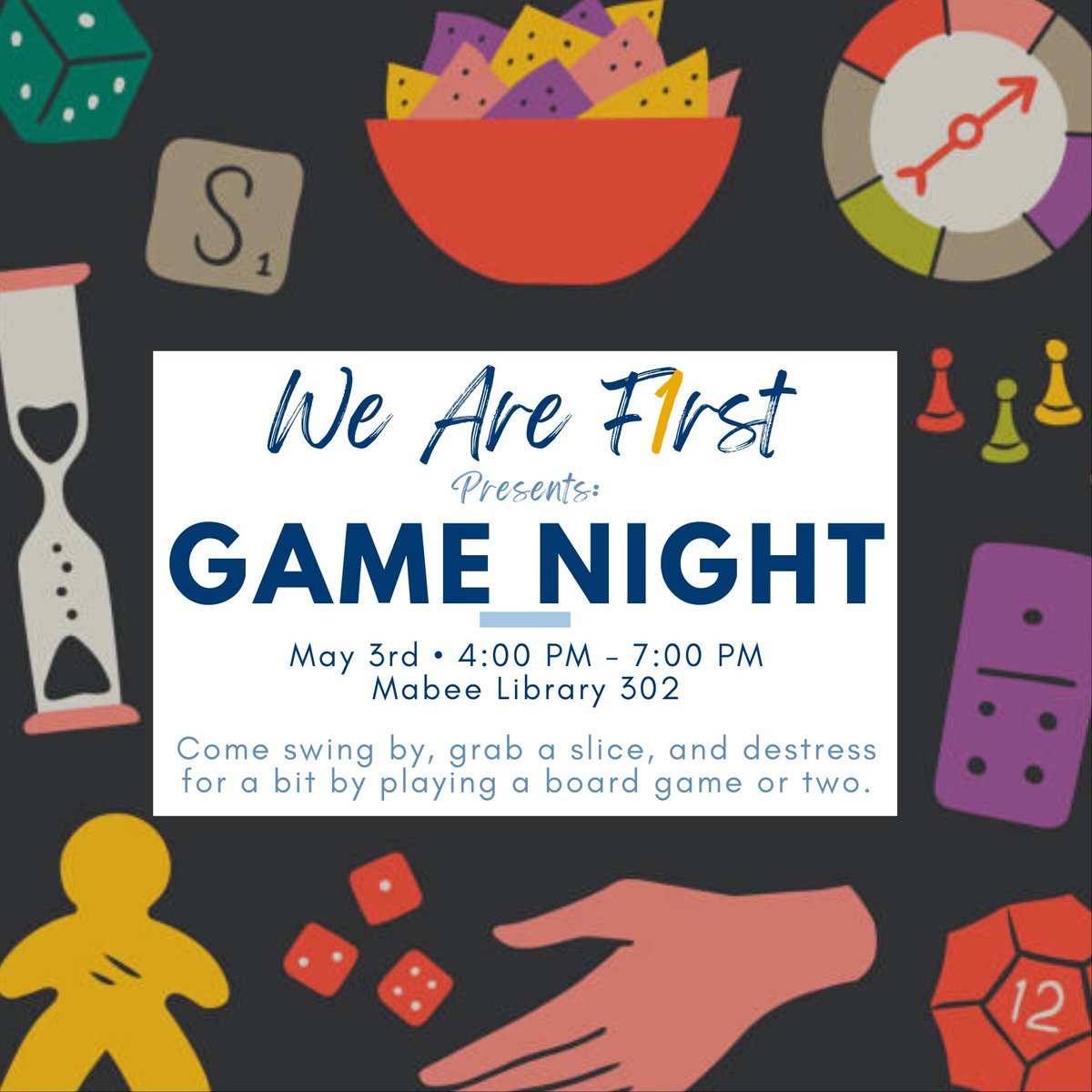 Join us for a fun and exciting night of de-stressing a bit and playing games! 🎲🃏 Our semi-annual Game Night is happening on Wednesday, May 3rd, from 4:00 PM until 7:00 PM in Mabee Room 302. Come hang out with your peers, grab some pizza 🍕, and bring your favorite board game!