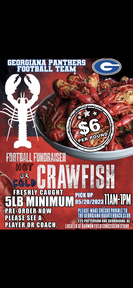 🦞 🦞 It’s that time of year again. Order delicious cooked crawfish from any football player, coach, or booster club officer. All money is due by May 12th. 🦞🦞 Pick-Up Date📆 : May 20th, 2022 Time ⏰: 11 AM - 1 PM Location📍: Georgiana Football Concession Stand