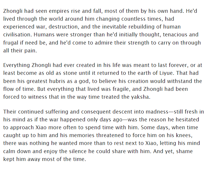 schangia_'s tweet photo. https://t.co/mcxBMGvars

🔶 Genshin Impact
👹 #ZhongXiao
🔶 Everything Zhongli had ever created in his life was meant to last forever.

My piece for @zxexchange 🧡 I had a lot of fun writing this, so thank you @deuxploy for the opportunity and great prompts! https://t.co/NGESjEgXPl