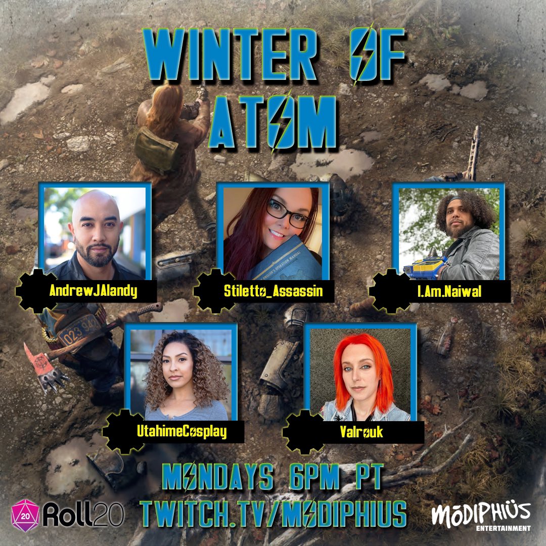 April Nicole Hill (@aprilnicolehill) on Twitter photo Join us Mondays at 6pm
PT for an all new actual play series featuring the soon to release Fallout RPG: Winter of Atom by <a href="/Modiphius/">Modiphius</a> using the <a href="/roll20app/">Roll20</a> vtt!
<a href="/AndrewJAlandy/">Andrew J. Alandy 🍥 ➡️ TBD</a> <a href="/umbraloculus/">Taryn Hackett</a> <a href="/BrianaDeCoster/">Utahime➡️TBA</a> <a href="/Naiwal2/">Overboss Naiwal</a>
#fallout #falloutrpg #roll20 Join us Mondays at 6pm
PT for an all new actual play series featuring the soon to release Fallout RPG: Winter of Atom by <a href="/Modiphius/">Modiphius</a> using the <a href="/roll20app/">Roll20</a> vtt!
<a href="/AndrewJAlandy/">Andrew J. Alandy 🍥 ➡️ TBD</a> <a href="/umbraloculus/">Taryn Hackett</a> <a href="/BrianaDeCoster/">Utahime➡️TBA</a> <a href="/Naiwal2/">Overboss Naiwal</a>
#fallout #falloutrpg #roll20