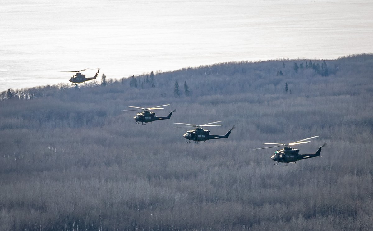 RCAFOperations's tweet photo. You don’t see a four ship of @RCAF_ARC CH-146 Griffon 🚁very often, but on the #ATAC course running right now at #4Wing Cold Lake, it is part of the complex missions that future Air Mission Commanders prepare for every week. https://t.co/6ekbIRBr3g