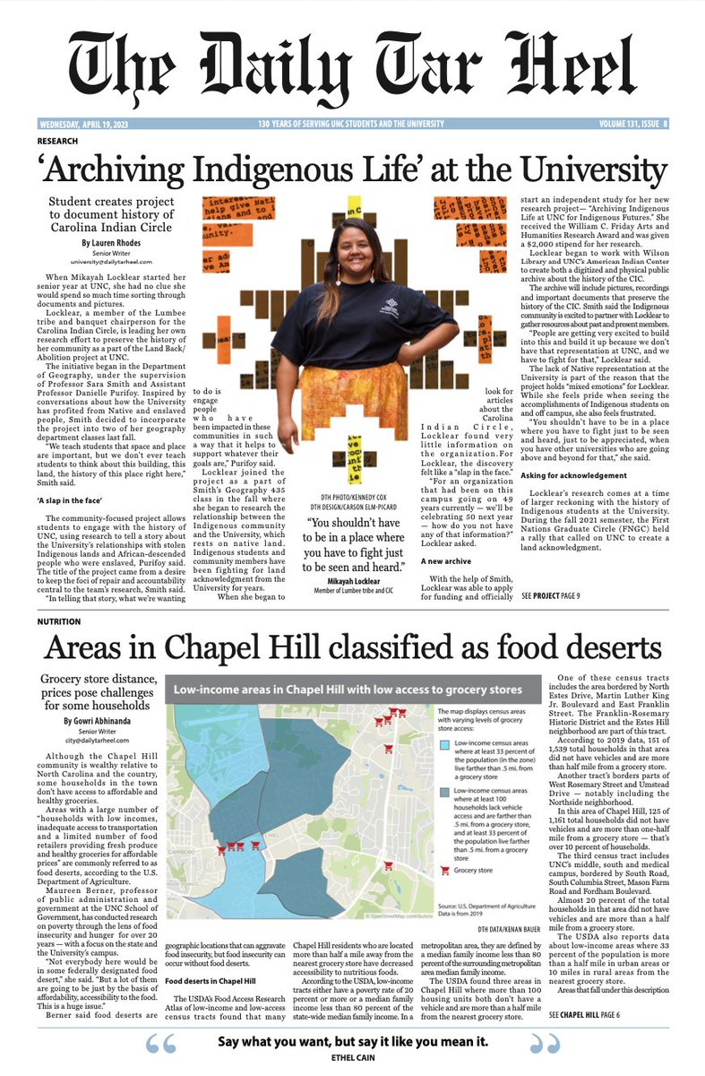 A week behind on this, but made my FIRST front page story for the @dailytarheel on an incredibly important issue!

Give the story a read here: dailytarheel.com/article/2023/0…
#fooddeserts #foodinsecurity #chapelhill #journalism #data