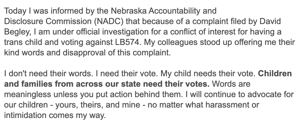 hemantmehta's tweet photo. Nebraska State Senator Megan Hunt (@NebraskaMegan) says she's "under official investigation for a conflict of interest." 

The reason? She has a trans child and voted against anti-trans legislation. https://t.co/LJM0NJyK21