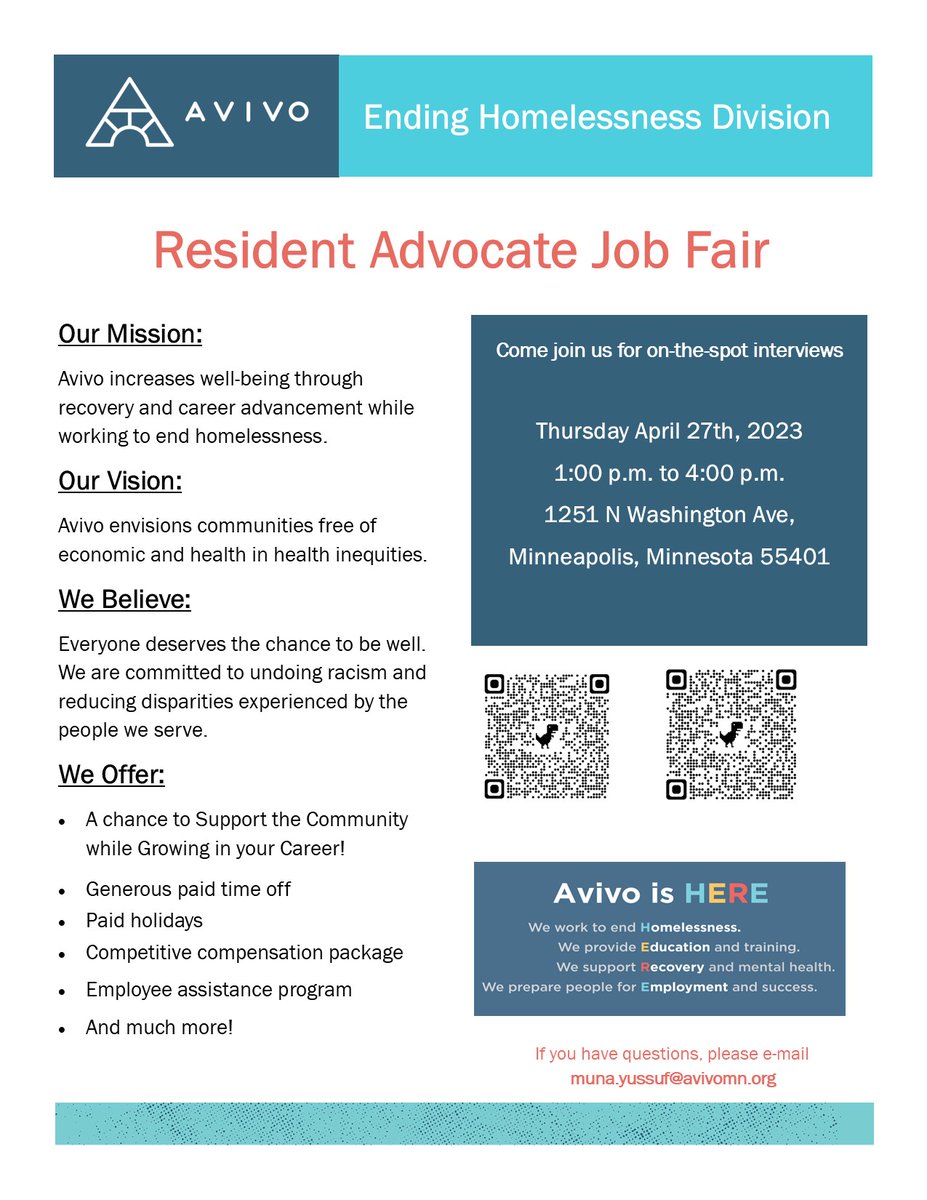 Don't forget -- tomorrow (Thursday) is our Avivo Village Resident Advocate job fair! We're hiring and will have on-the-spot interviews from 1-4 p.m. at 1251 North Washington Avenue in Minneapolis.