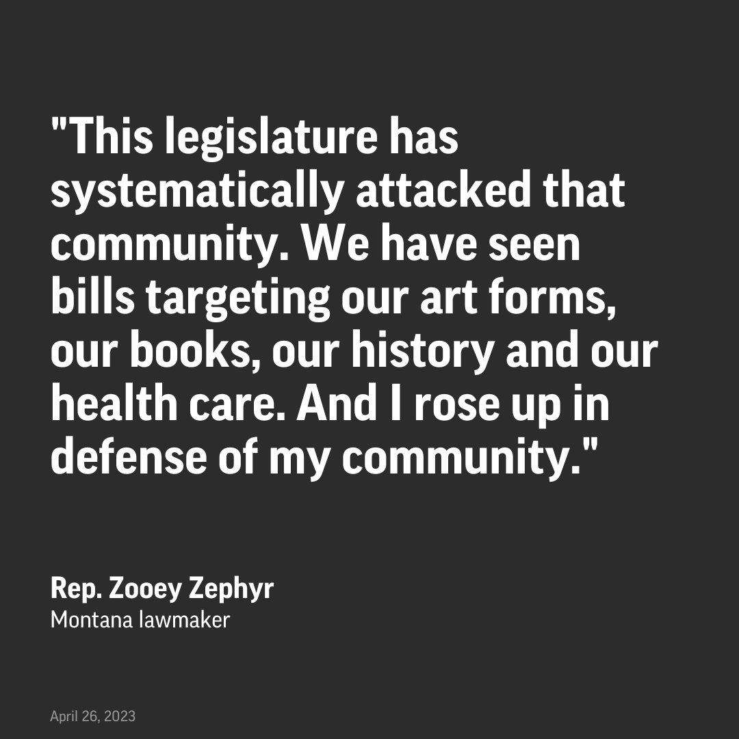 AP's tweet photo. Before she was barred from the Montana House floor, transgender lawmaker Zooey Zephyr said in a defiant speech that she was taking a stand for the LGBTQ+ community, her constituents in Missoula and “democracy itself.” https://t.co/jU1ubNYQGr https://t.co/5L9dWcrRQb