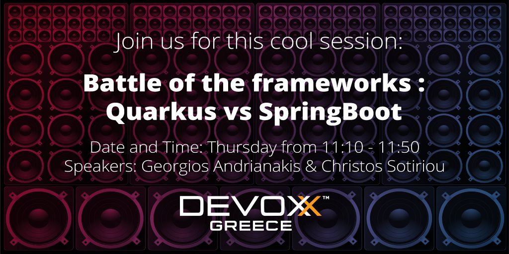 QuarkusIO's tweet image. Session spotlight: "Battle of the frameworks : Quarkus vs SpringBoot" with Georgios Andrianakis & Christos Sotiriou
devoxx.gr/talk/?id=5656
Quarkus session list: github.com/quarkusio/quar…
#quarkusworldtour #kubernetesnativejava #devoxxgreece