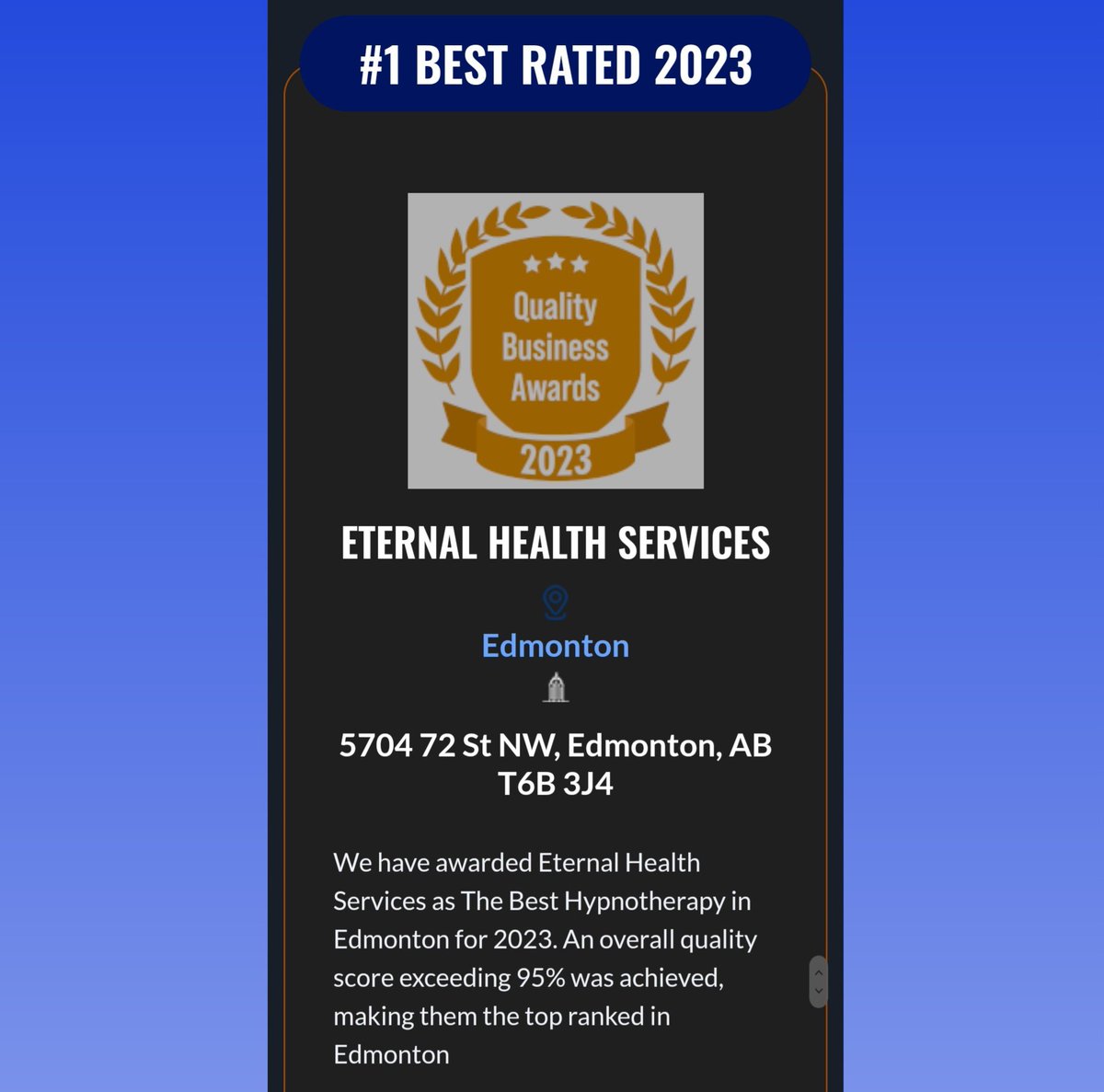 Eternal_Healing's tweet photo. Quality Business Awards has selected EHS as the 2023 winner for best hypnotherapist in Edmonton. The recognition is appreciated!
.
.
.
#edmonton #yegbusiness #yeg #businessowner #smallbusiness #hypnotherapy #hypnotherapist #metaphysics #spirituality https://t.co/iAYPg1kjpz
