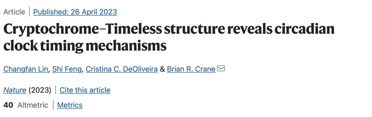 1 Excited to share my Ph.D. work <a href="/BRCraneLab/">Crane Lab</a> on circadian rhythm research, now published in Nature (rdcu.be/daNXa)! We've unveiled the structure to better understand the complex dance between the clock timing proteins Cry and Tim in fruit flies #circadianrhythm