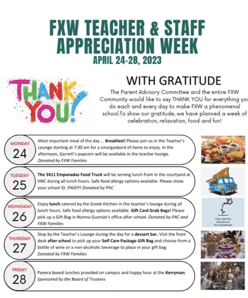 FXWHoS's tweet photo. @FXWChicago we have the THE MOST supportive parents. Thanks for the wonderful treats and trucks during Faculty &amp; Staff appreciation week. @archchicago @ISACSnews 
We are blessed to work @FXWChicago. Interested in joining  the FXW community? https://t.co/44Y0i4kRiS