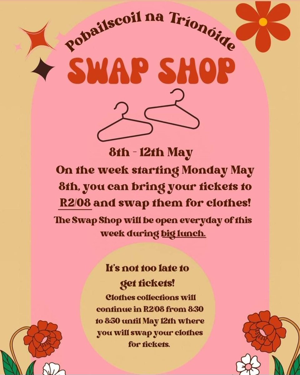 Trionoide's tweet image. #SwapShop will be open to all our students with #swaptickets from 8th-12th. Looking forward to seeing #creativity in action  #sustainable #circulareconomy #better future #beinformed @WorldWise_Irl