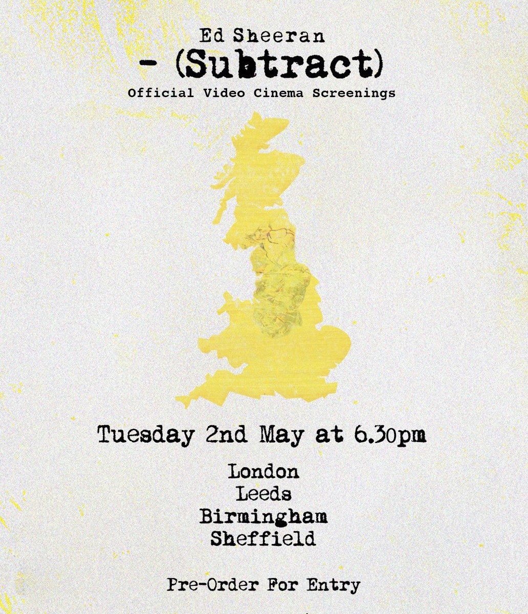 edsheeran's tweet photo. Subtract - the visual album - will be screened at UK cinemas on Tues 2nd May. 

Pre-order the album from the store by 12pm BST Fri 28th April for the chance to win entry. 

If you’ve already pre-ordered via the official store, you’ll also be eligible.

https://t.co/gSGc94olb6 https://t.co/uh3APEbyeT