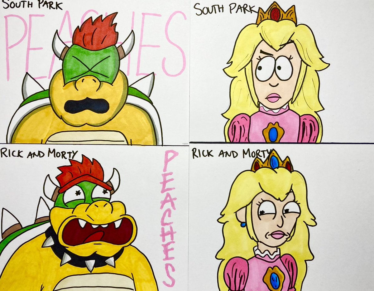 dwhipart's tweet photo. Peach and Bowser in 4 Cartoon Styles 
-
🎵PEAAAACHHEEESSS🎵
@jackblack #Peaches #bowser #PrincessPeach #SuperMario #ArtistOnTwitter https://t.co/blNWBZ6lxN