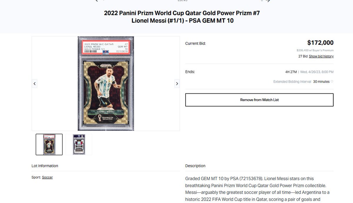 Less than 5 hours left to bid on this Amazing One of a Kind PSA 10 1/1 World Cup Messi Card goldin.co/item/2022-pani… #messi #worldcup #sportscards