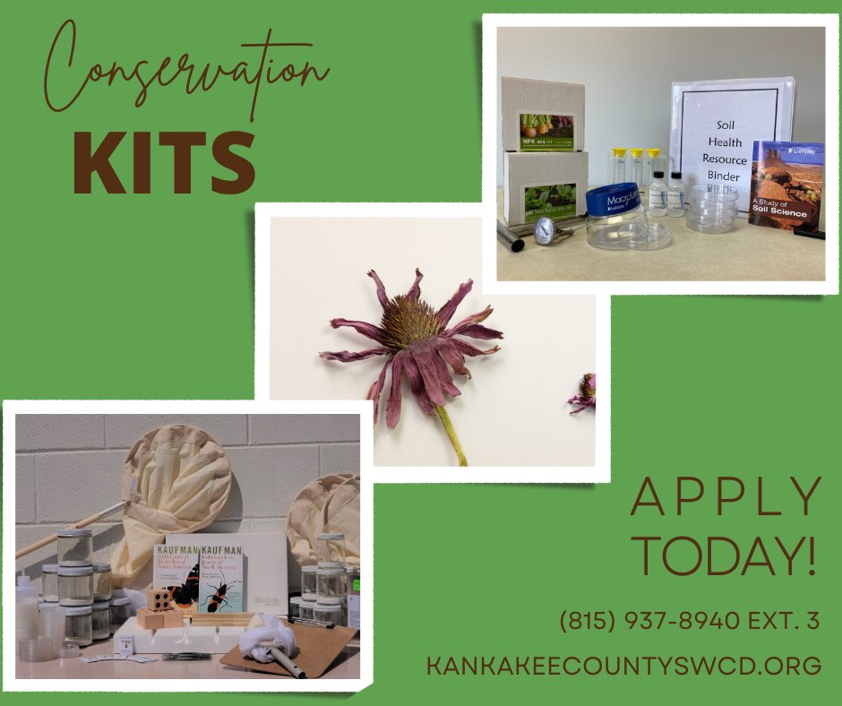 Attention #Kankakee County Educators! 

#Conservation Kit applications are due May 31.  

Kit Types: 
-#Soil Health 
-Water Quality &amp; Bioindicators 
-Native Plants &amp; Herbarium 
-Insect Collection 
-#Nature Journaling 

Apply at: 
kankakeecountyswcd.org/conservation-k…

#AgTwitter #AgEducation