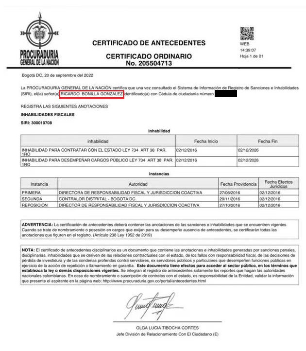 ElRepublicano09's tweet photo. #OJO Nuevo Min Hacienda, Ricardo Bonilla, dejó un hueco Fiscal enorme en Bogotá cuando fue Secretario de Hacienda de Petro. 

Por este proceso fue inhabilitado por la Procuraduría hasta 2026, pero justo después de la llegada de Petro a la Presidencia, le cerraron el proceso. https://t.co/hB1vWHzeW5