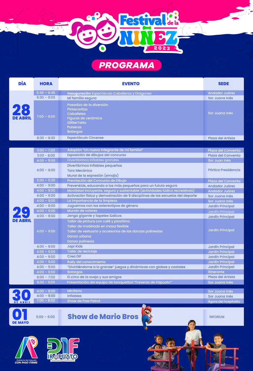 4 días de muchas actividades viviremos por el #FestivalDeLaNiñez. 👧🏼👦🏻

Revisa el programa, no te quedes atrás y trae a tus chiquitines a divertirse. 🎡

#ConPasoFirme
#GenerandoSonrisas