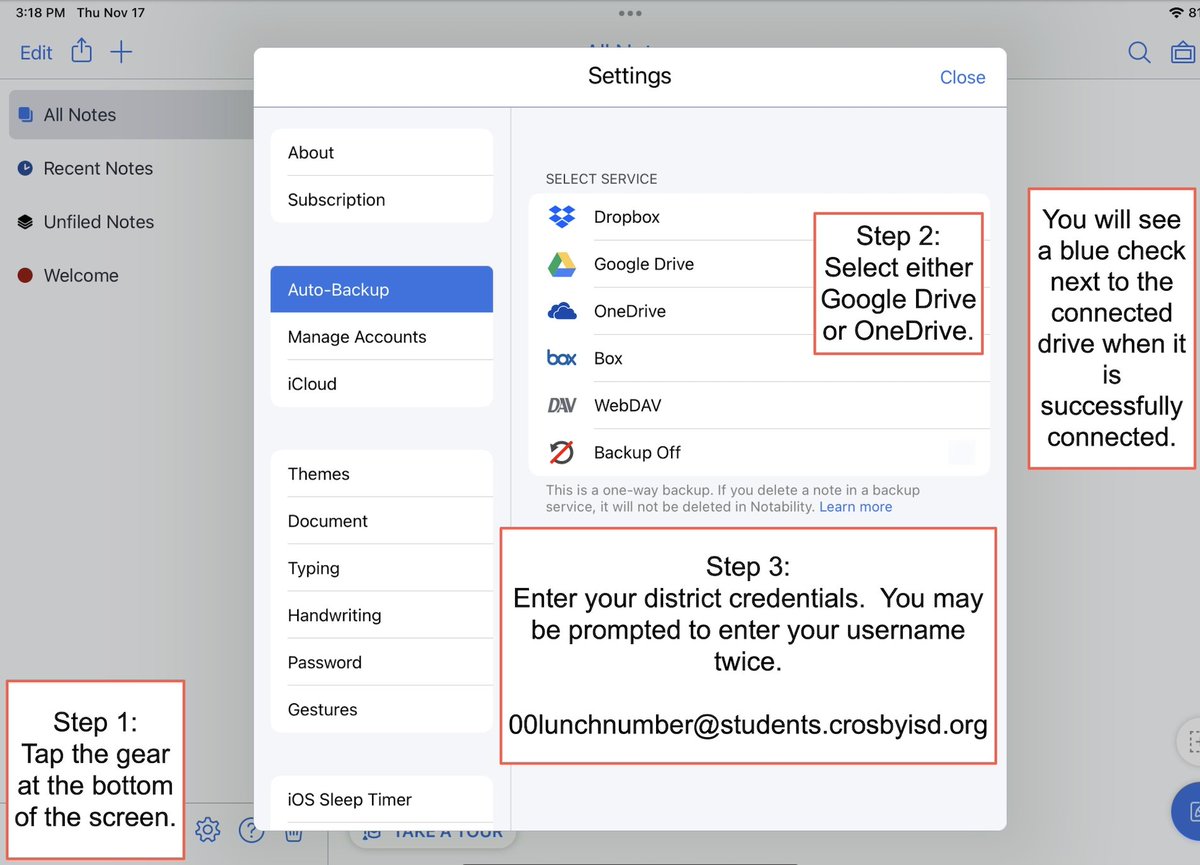 TechSvcsCISD's tweet photo. Please be sure Auto-Backup is enabled in your Notability app. See the images for directions.

Asegúrese de que la copia de seguridad automática esté habilitada en su aplicación Notability. Ver la segunda imágen para obtener instrucciones. https://t.co/YL1q3wNFOb
