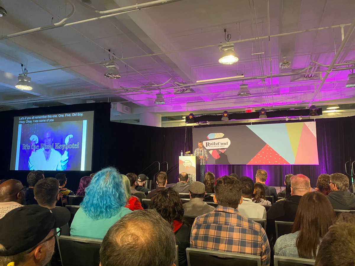 bsdzunk's tweet photo. And we’re closing out another awesome #RailsConf with @tenderlove! What a great three days! Big shoutout to @rubycentralorg for putting @railsconf together. See y’all at the next one! https://t.co/tCqyxAekrk