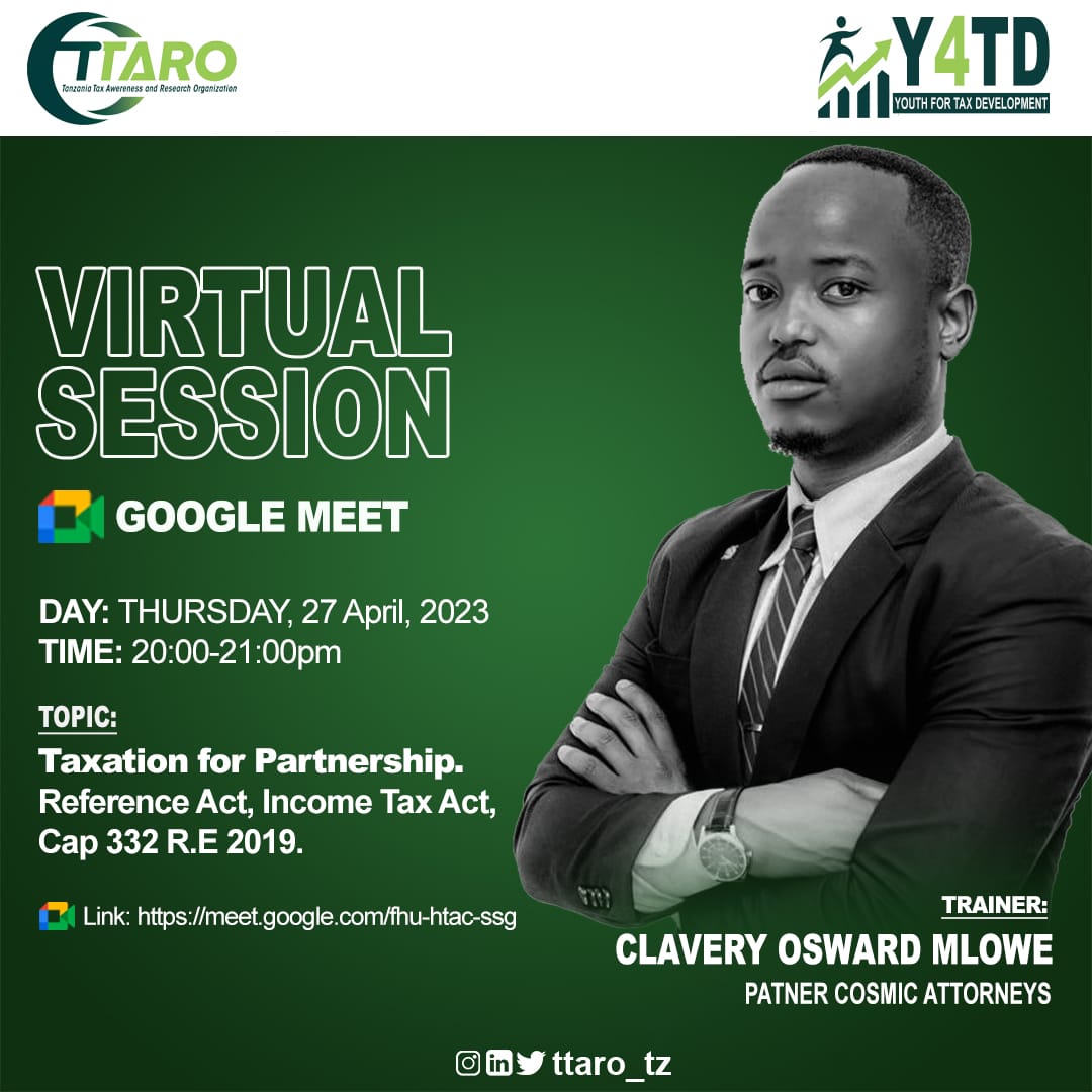 ttaro_tz's tweet photo. Interactive Webinar: Taxation for Partnership in Tanzania 

🗓️ Date: April 27, 2023
⌛ Time:  20:00-21:30 EAT
🔗 link :https://t.co/TklXT0p2Yq

@TRATanzania 
@mwigulunchemba1 https://t.co/WxZDpRarVR