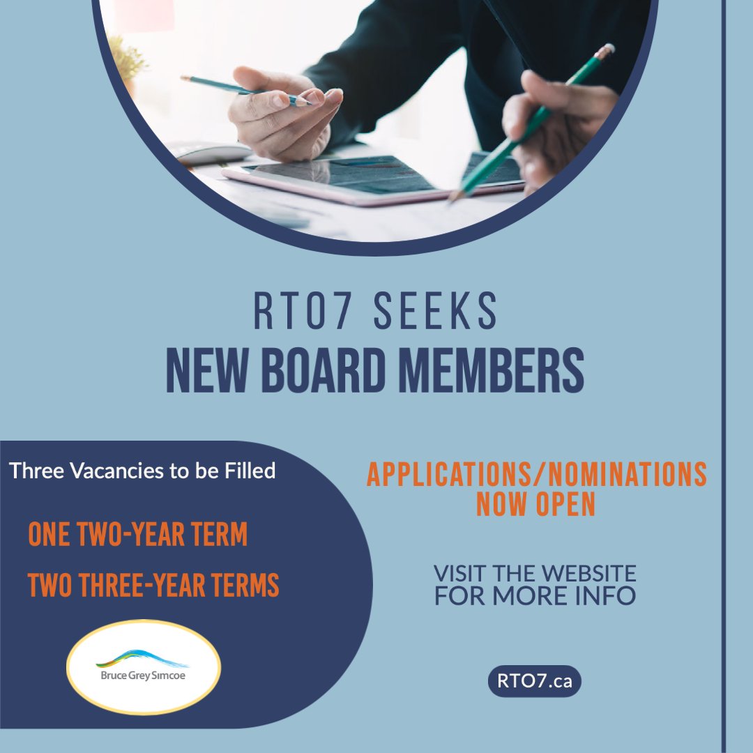 RTO7 seeks nominations/applications for 3 Board of Director vacancies. Interested? Learn more &amp; apply, bit.ly/3V6K9kp Share with others who may interested! <a href="/CountyofBruce/">Bruce County</a> <a href="/GreyCounty/">Grey County</a> <a href="/simcoecountyEDO/">County of Simcoe EDO</a> <a href="/OrilliaAreaCDC/">Orillia Area CDC</a> <a href="/tourismbarrie/">Tourism Barrie</a> <a href="/NorthSimcoeED/">Economic Development Corporation of North Simcoe</a> @tiaotweets
