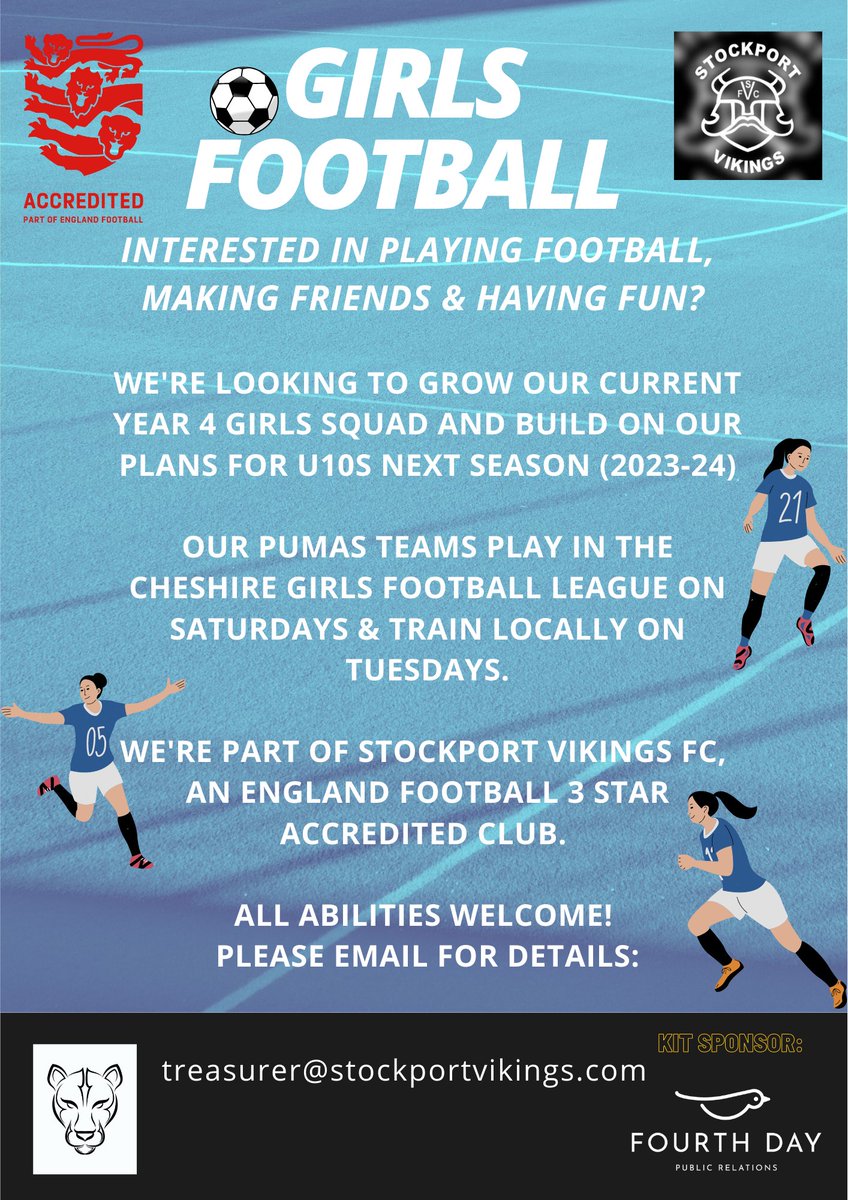 📢📢We're looking to grow our current yr 4 girls squad ready for U10s next season (23/24). Pumas play in the @CgflStockport on Saturdays & train in #HeatonMoor on Tuesdays. We're part of @stockportviking an #England #Football accredited 3 star club. DM for info! ⚽️😀#Stockport