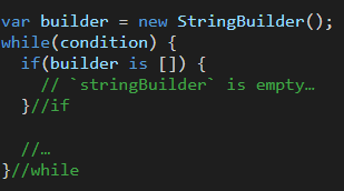 ViIvanov's tweet image. My new favorite way to check if a `StringBuilder` instance is empty or not in #csharp11 is: