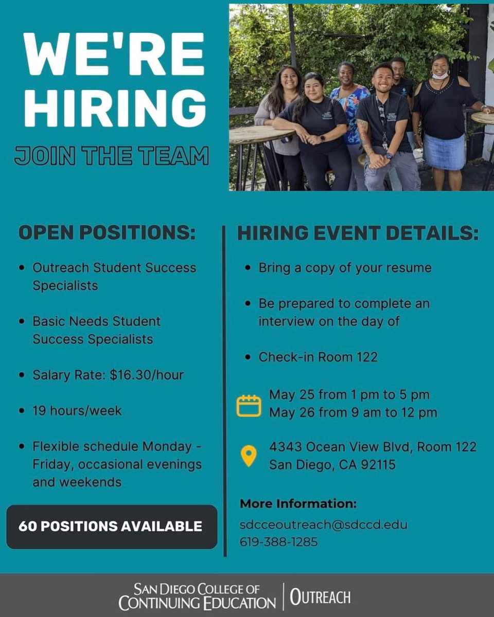 SDCCE Outreach is in search of 60, that's right sixty student success specialists to join our team. 

Flexible schedule in a fast pace, friendly and welcoming environment.

Come one, come all and tell a friend.

#FreeClasses #StudentDriven #Success
