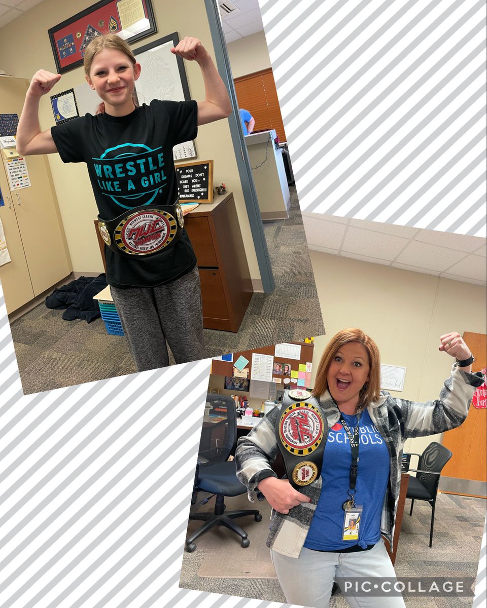 OenerFi's tweet photo. When you’ve got a 2023 Midwest Classic NATIONAL WRESTLING CHAMPION at your school, you beg her to let you borrow her belt for the day!!! Way to go, WRESTLE LIKE A GIRL! 🤘🏼❤️🤩 #SRCelem @srchuskies @eaton_korissa https://t.co/NaxLKnNKBo
