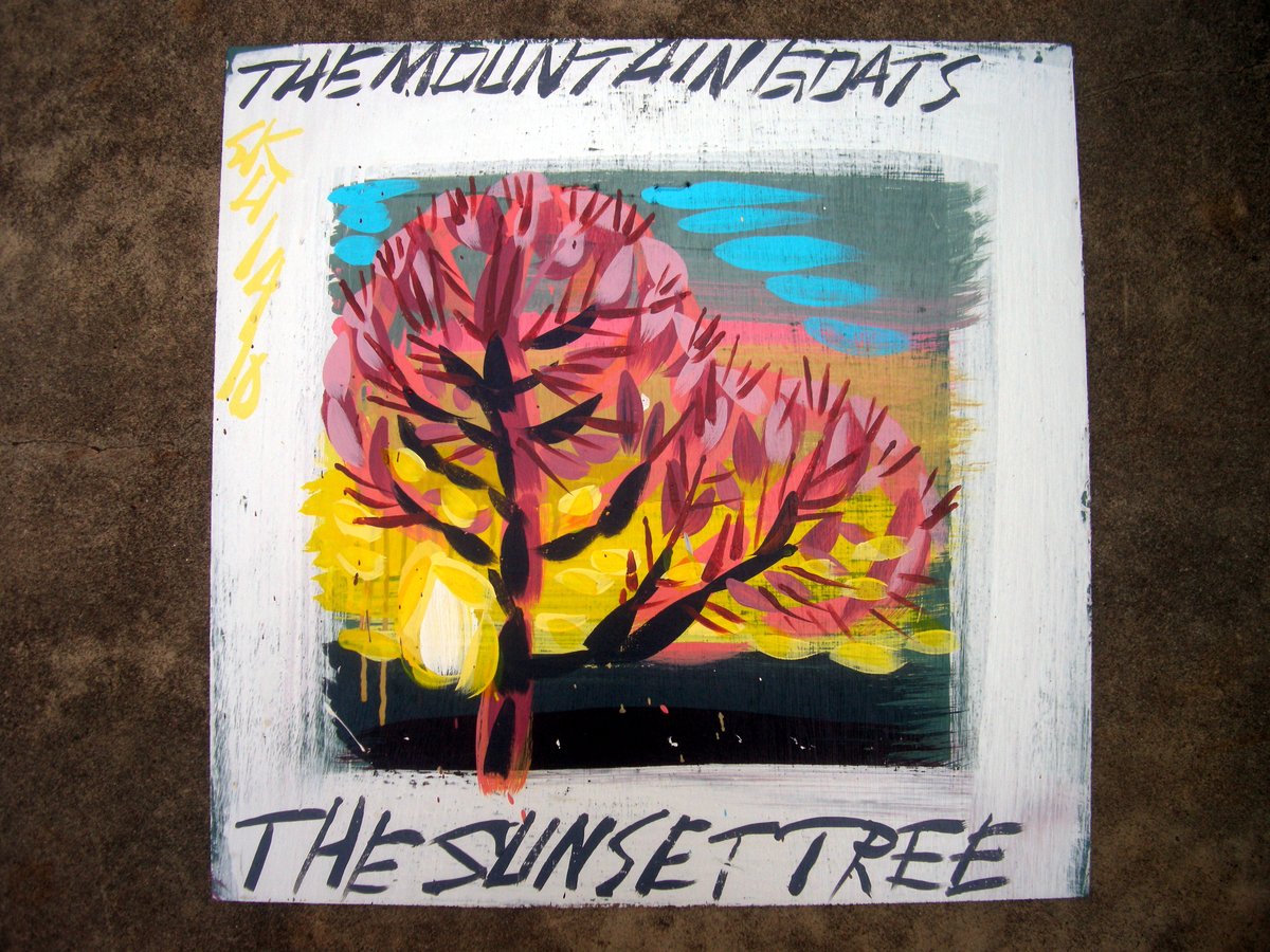 happy 18th anniversary to #theMountainGoats' "the sunset tree." here's a painting of the cover i bought off #SteveKeene on ebay for 10 bucks about 13 years ago