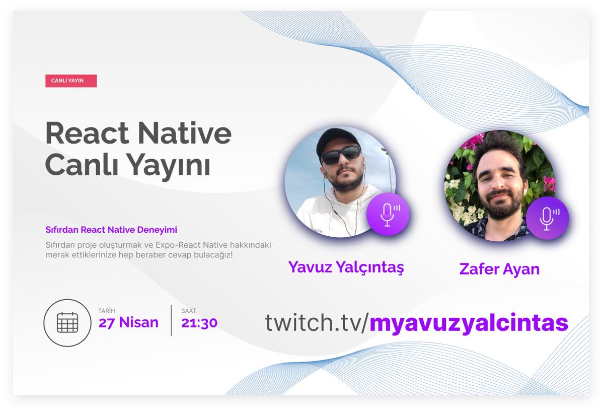 myavuzyalcintas's tweet photo. Yarın akşam 21:30' da @ZaferAyan ile beraber React Native dünyasına giriş yapacağım. Keyifli bir yayın olacak bekleriz 🚀

https://t.co/dphUUgIk6K https://t.co/0QTFcjr2Rd