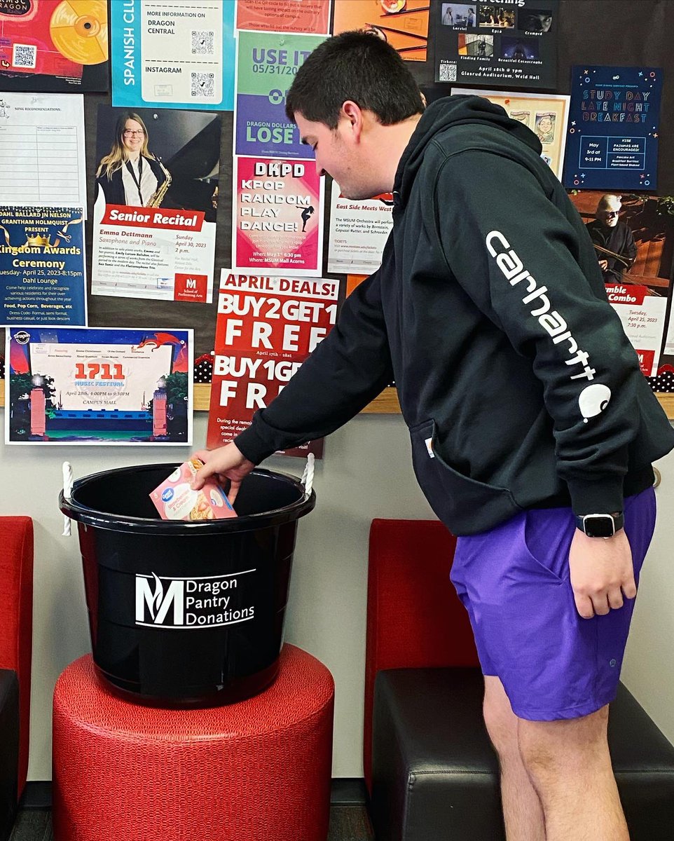 LivingAtMSUM's tweet photo. Dragon Pantry Donation bins have been placed at each hall desk! Instead of packing them up or throwing them out, consider donating unopened non-perishable food and/or hygiene products! #DragonPantry https://t.co/hAqy1ezaXh