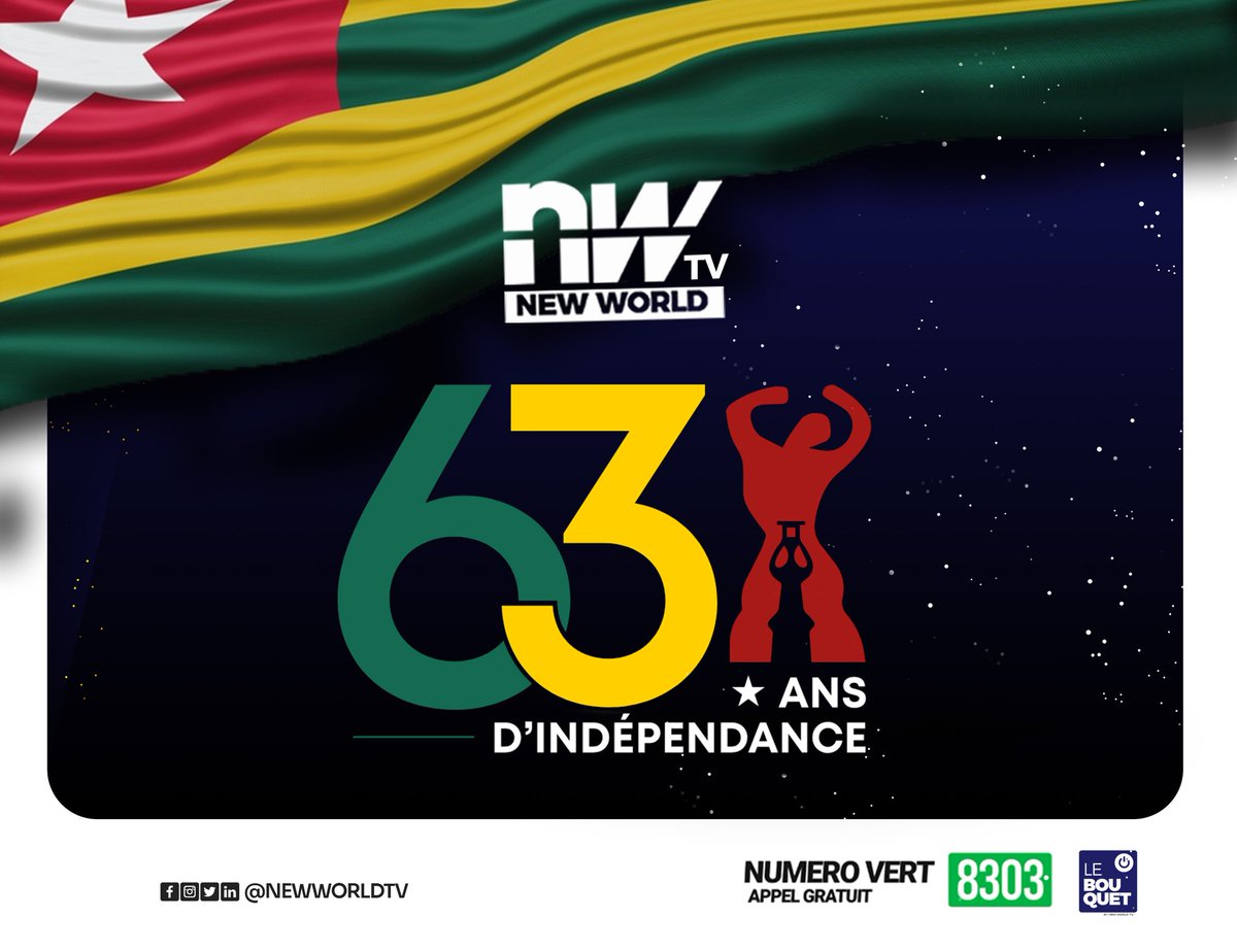 Newworldtv's tweet photo. 27 Avril 1960 au 27 Avril 2023, 63 années d'indépendance, tout un parcours à rebondissements... 
Ablode be noukeke nyoè na togovio kata ! (Bonne fête d'indépendance à tout le peuple togolais).

#newworldtv #independancedutogo #ablode  #team228 https://t.co/n9rrIJINNy