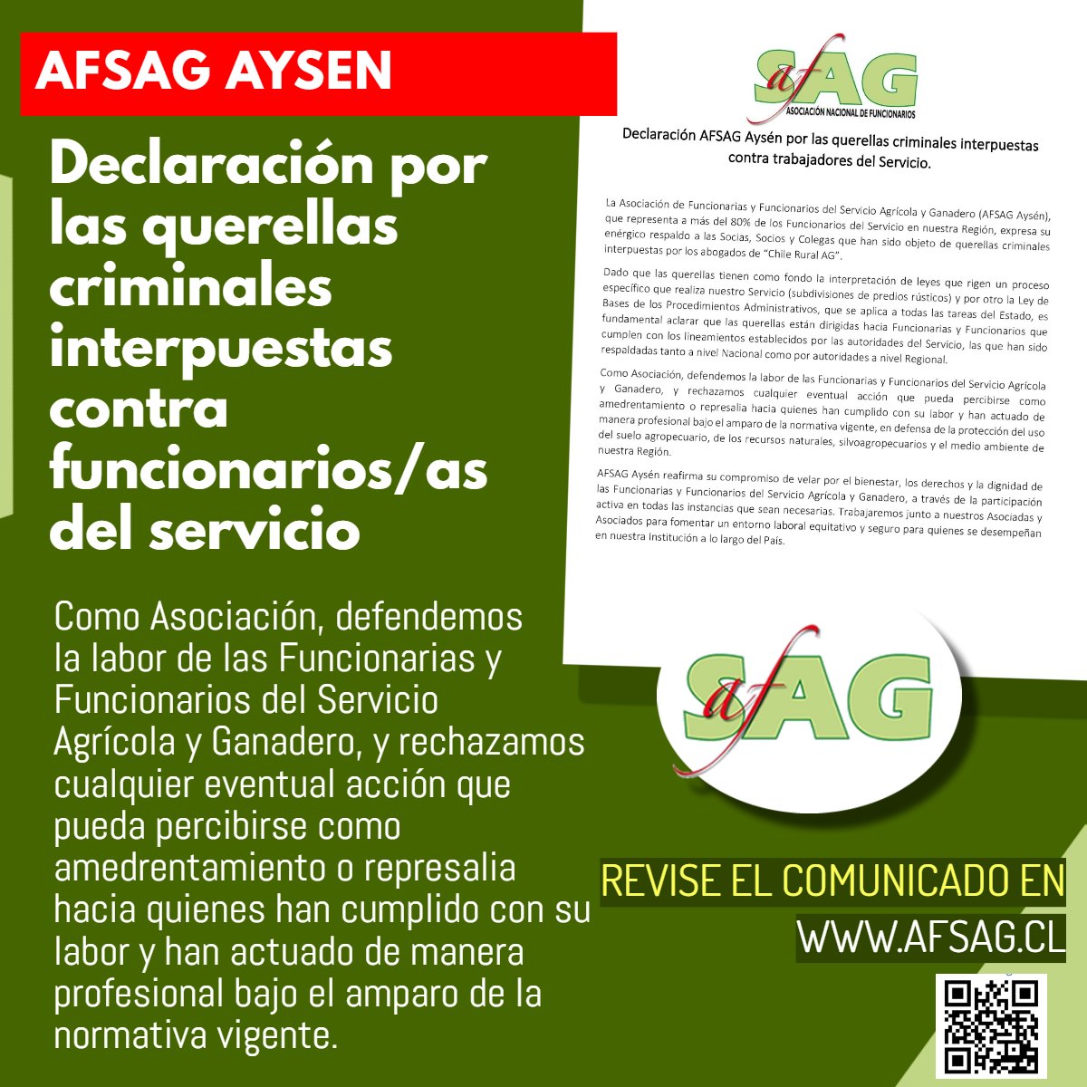 *AFSAG AYSÉN expresa su enérgico respaldo a las Socias, Socios y Colegas que han sido objeto de querellas criminales interpuestas por los abogados de “Chile Rural AG”*

Descargue el comunicado en sitio web AFSAG afsag.cl/archivos2023/C…

#SomosAFSAG
#AFSAGUnida
#InvolúcrateAFSAG