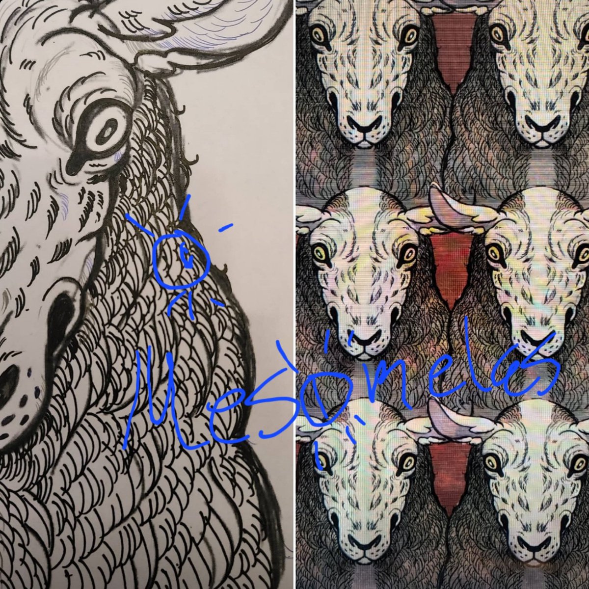mes0melas's tweet photo. Also here's some wip shots I dug up. I drew half the sheep on paper then scanned and duplicated. The wolf was drawn in with my tablet. https://t.co/MHkrCHLyAb