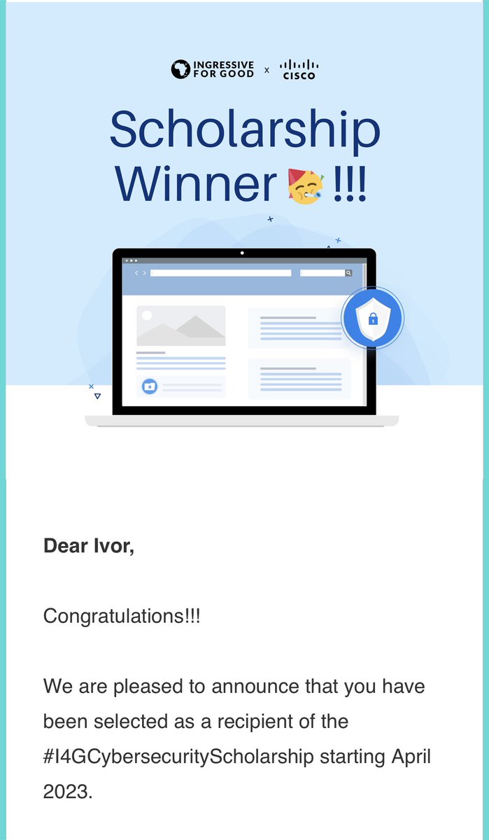 I just won the #I4GCybersecurityScholarship. I'll be embarking on a journey to learn social Cybersecurity and how to build a career in it with <a href="/ingressive4Good/">Ingressive for Good</a> and <a href="/Cisco/">Cisco</a>