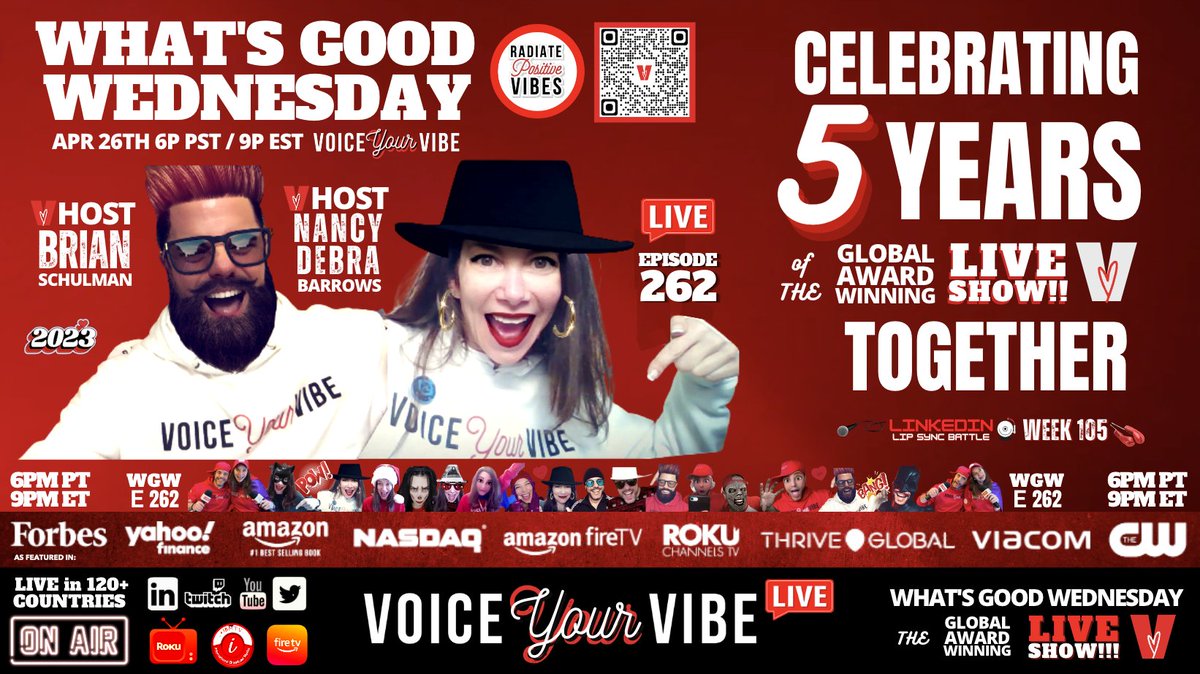 VoiceYourVibe's tweet image. Come🗣THE GOOD &amp;amp;🥳5 YRS OF FullForceFUNNESS 2nite 6pPT! w/#LinkedInLipSyncBattle 105 #socialdisDANCING on E262 of the Global Award-Winning #WhatsGoodWednesdayLIVE broadcast💫the🌎in 120+countries on LinkedInLIVE Amazon🔥RokuTV PODTV Twitter Twitch YouTube👉lnkd.in/dY79pDD6