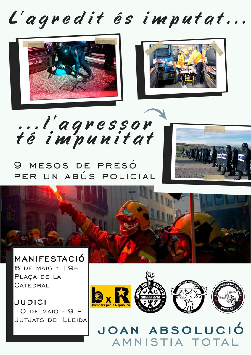 ANC_Bombers's tweet photo. Els bombers, amb uniformitat o sense, sempre hem estat al costat del nostre poble en la causa per les llibertats.
Us demanem que ara no deixeu sol en Joan. Que feu difusió del vídeo, que vingueu a la manifestació del 6 de maig i a la concentració del 10 de maig. https://t.co/lN8gqurRcD