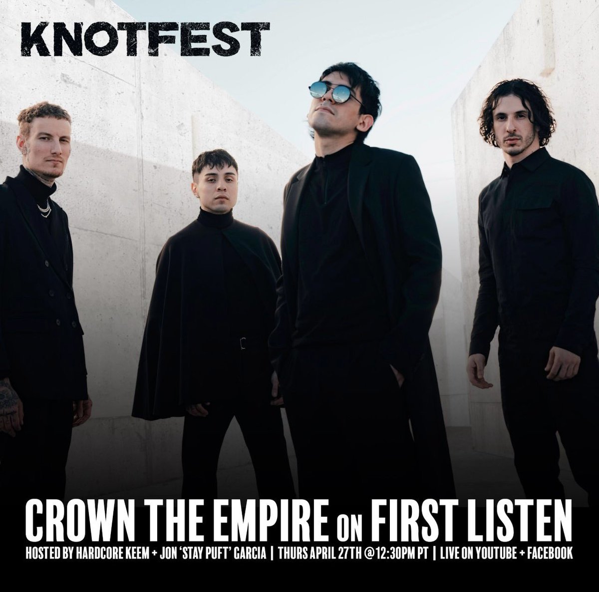 CrownTheEmpire's tweet photo. We’re premiering our new song “Modified” from our new album #DOGMA tomorrow on ‘First Listen’ 💀 

Tune in to @KNOTFEST YouTube tomorrow, April 27th at 12:30pm PT to watch it live: https://t.co/tyDL7mjcuL https://t.co/cbOp51WQLT