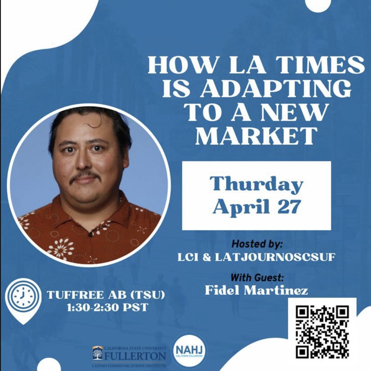 Tomorrow, <a href="/CSUF_LCI/">CSUF LCI</a> and <a href="/latjournoscsuf/">Latino Journalists of CSUF</a>  bring the <a href="/latimes/">Los Angeles Times</a> Latino Initiatives Director, <a href="/fidmart85/">Fidel Martinez</a>, to campus to discuss the future of newspaper audiences. This <a href="/CSUF_CommWeek/">COMM WEEK</a>  event is open to the public. All welcome. Te miro mañana, amigo.