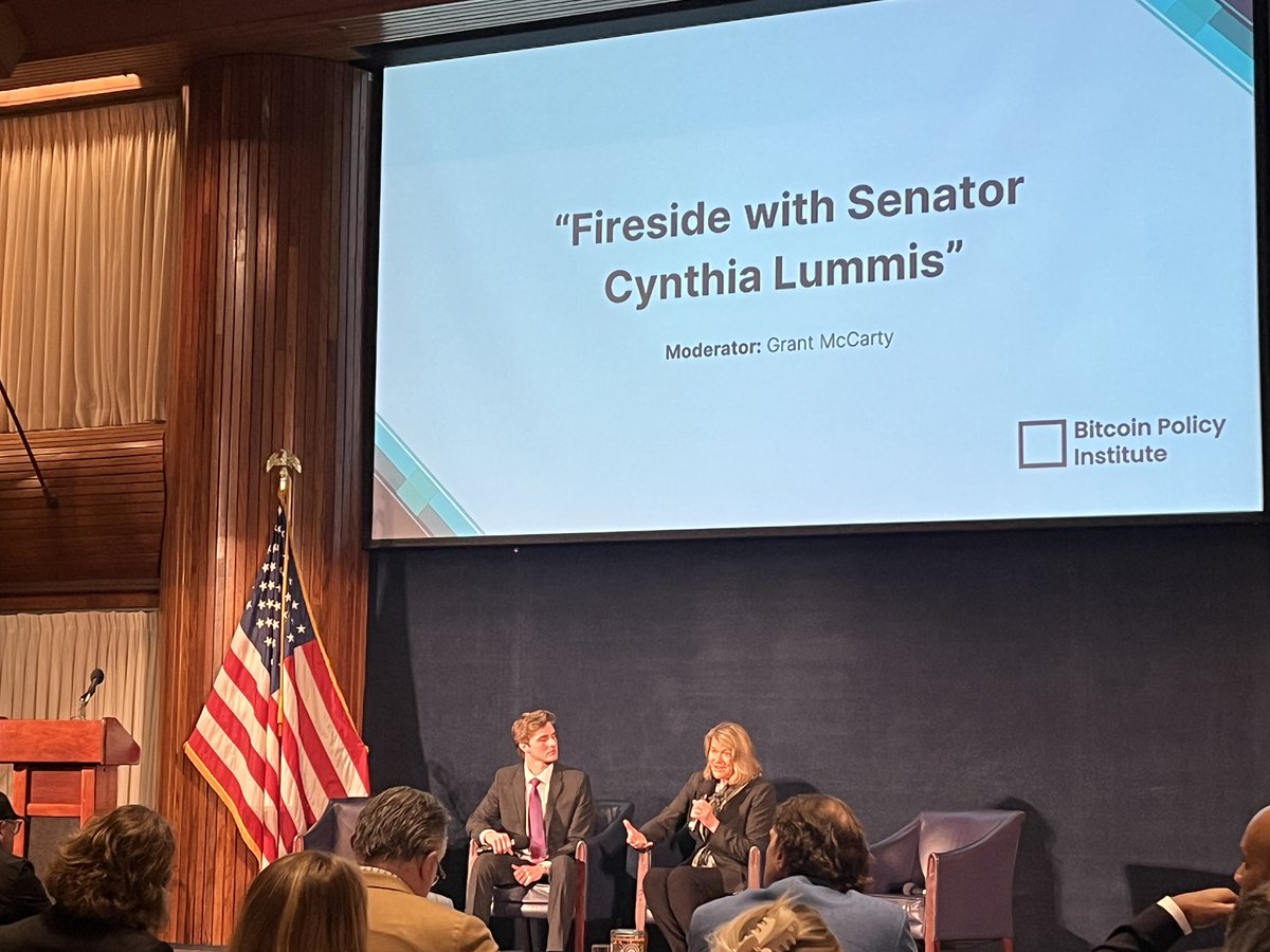 YaelOss's tweet photo. Our fav Senate Sat Stacker, @SenLummis, in the final fireside chat at #bitcoinpolicysummit on ways Congress can appreciate Bitcoinโs ascension and prospects for both individual freedom and financial prosperity (w/ @grant_mccarty @bitcoinpolicy) https://t.co/Cu0x6jSnLx