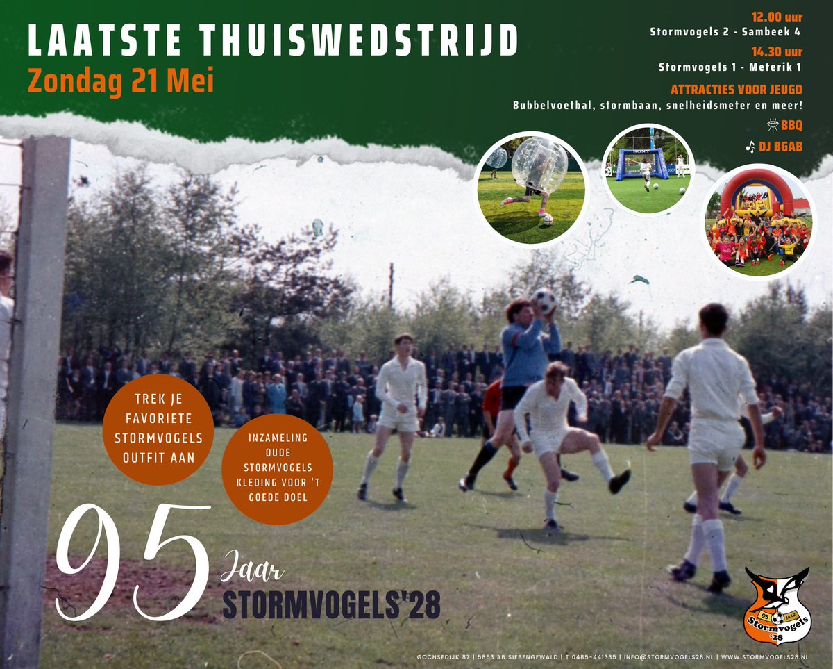 Stormvogels28's tweet photo. ⚽️🧡 Zondag 21 Mei worden de allerlaatste officiële Stormvogels’28 thuiswedstrijden gespeeld. In dit jubileumjaar maken we er een extra speciale dag van op ons sportpark! Hopelijk tot dan! ☀️🍹🍻🎶 https://t.co/nYUyLMcyFQ