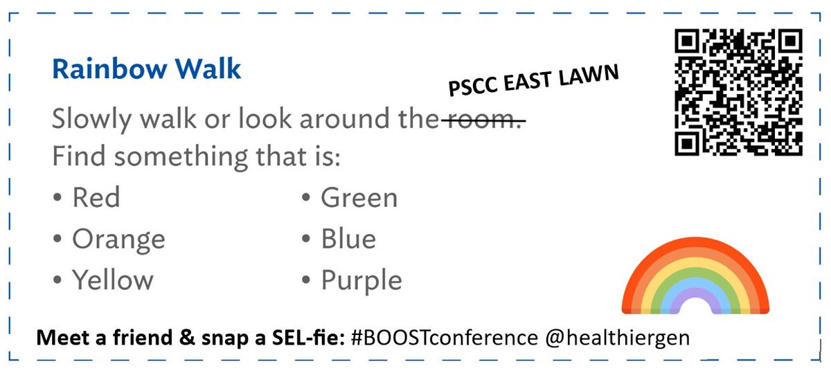 hatchdw's tweet photo. A little editing and my #RainbowWalk handouts are ready for tomorrow. The QR code takes you to #NatureBINGO. Even if you're not at #BOOSTconference, snap a SEL-fie (social-emotional learning, get it?) and tag @HealthierGen @TEAMBOOST #Nature #Wellness https://t.co/vC8SRZyUJb